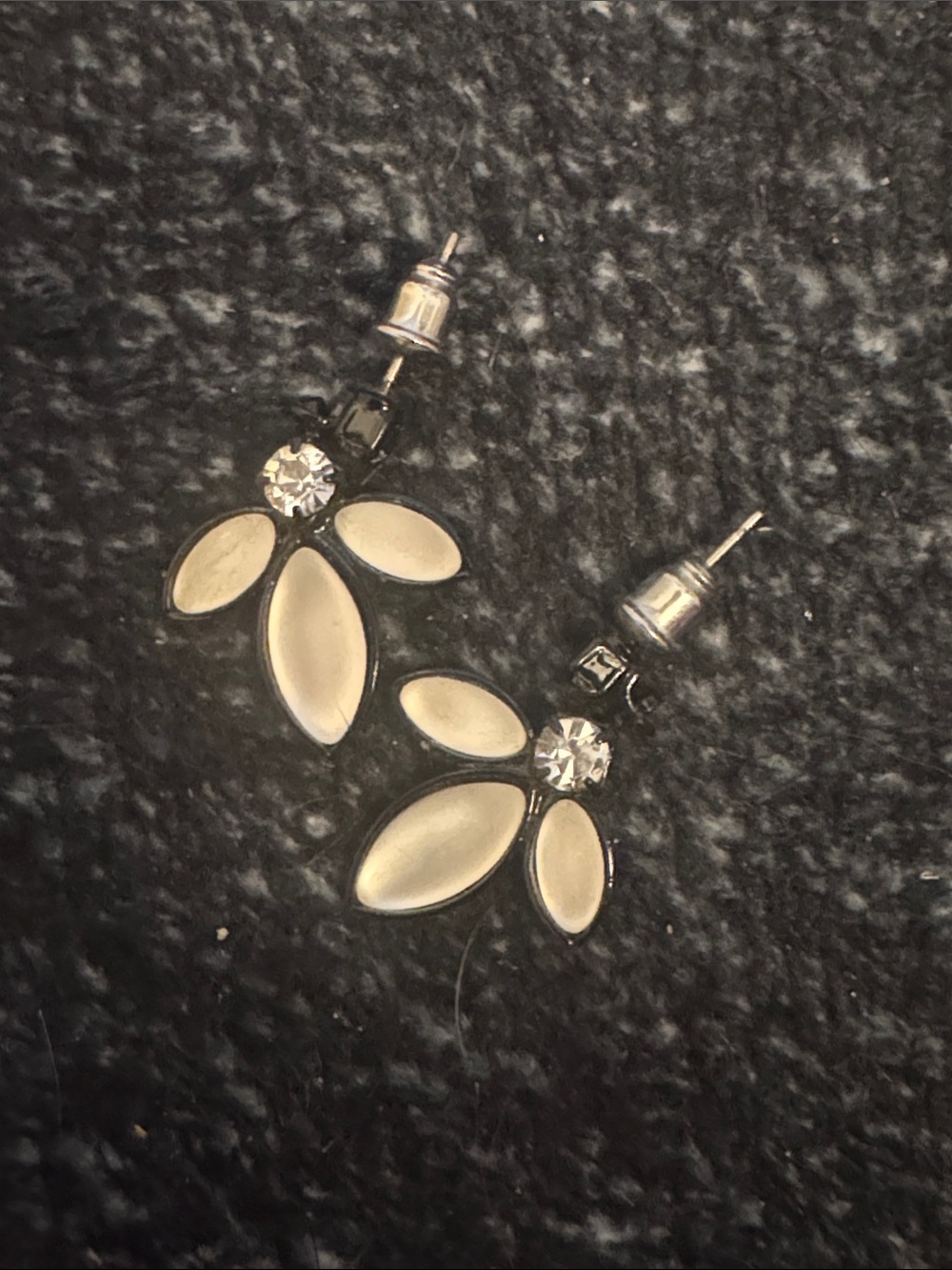 White Petal Drop Earrings with Clear Crystal Accent